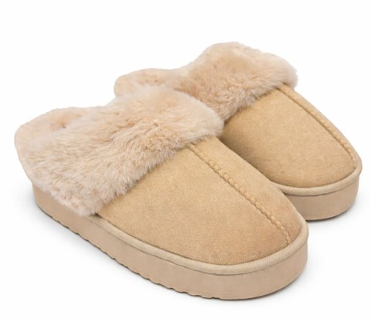 Tøffel med fuskepels og tykk såle, beige, str 36-37