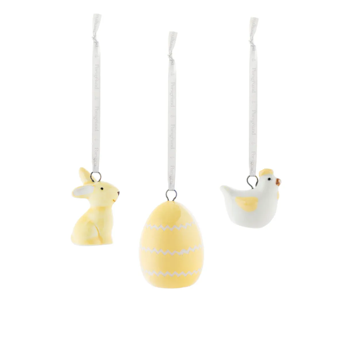 Påskepynt Porselen - Høne, Hare, Kanin, Egg 3PK - Gul
