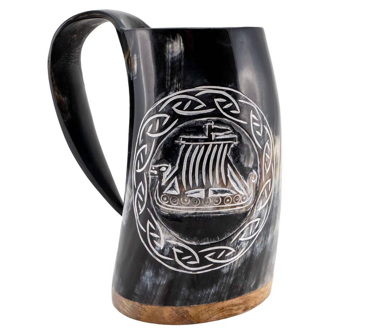 Mjødkrus håndlaget av ekte horn! Motiv Vikingskip