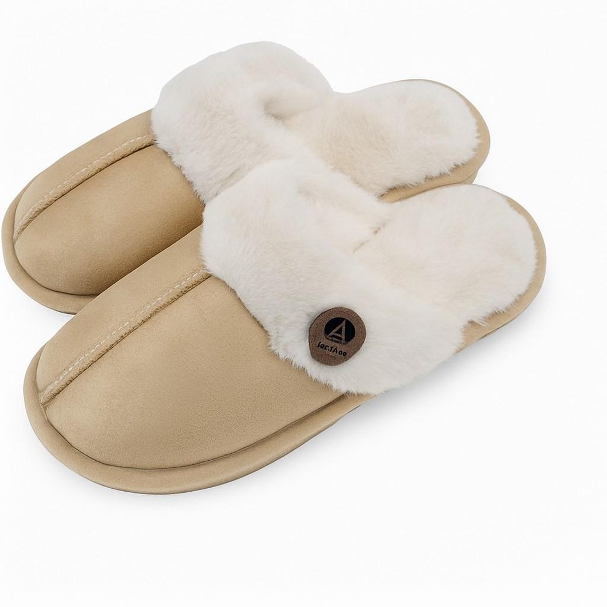 Tøffel med fuskepels og såle, beige str 40-41