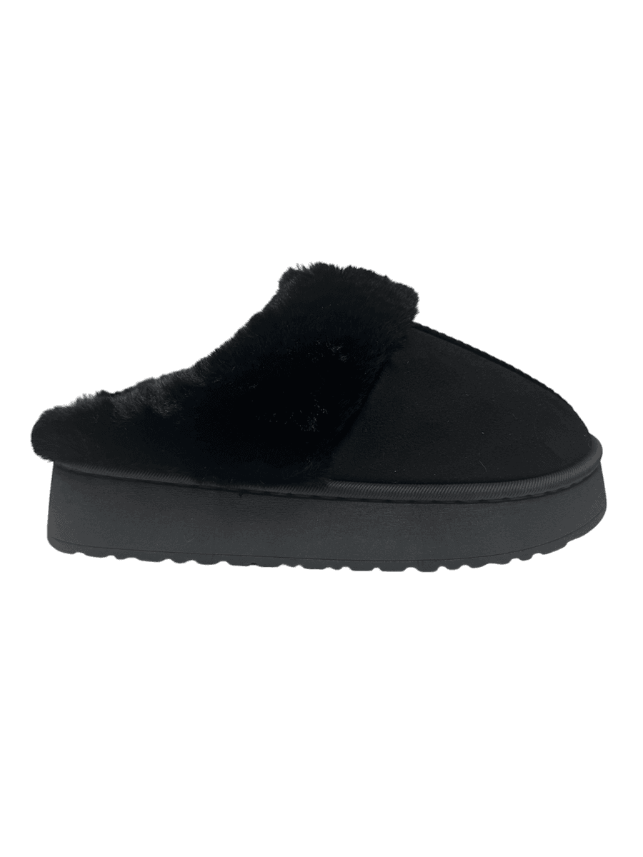 Tøffel med fuskepels og tykk såle, sort, str 40-41