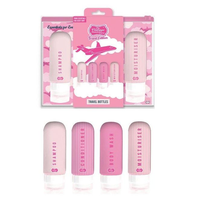 Hovedbilde Refillsett m. 4 flasker og gjennomsiktig toalettmappe - The Vintage Cosmetic Company 