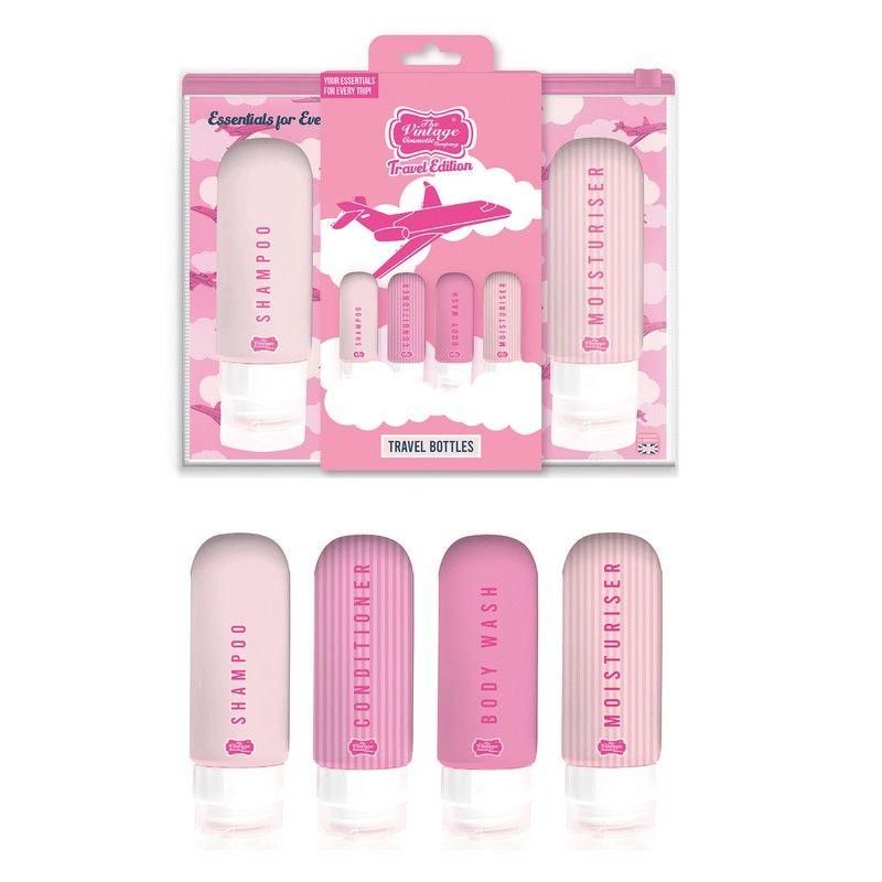Refillsett m. 4 flasker og gjennomsiktig toalettmappe - The Vintage Cosmetic Company 